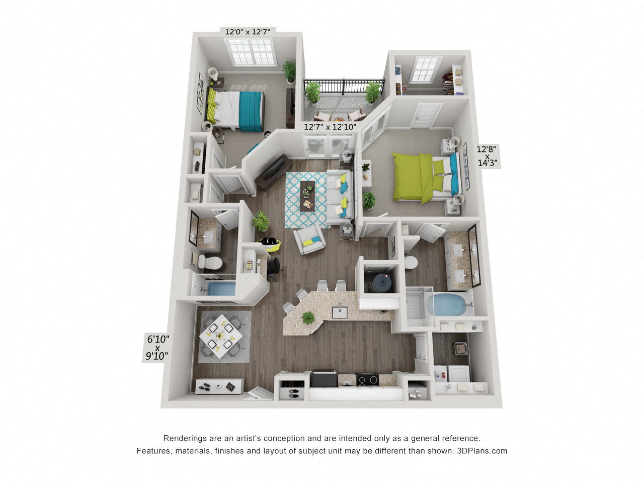 Floor plan for 2 beds, 2 baths, 1224 sqft